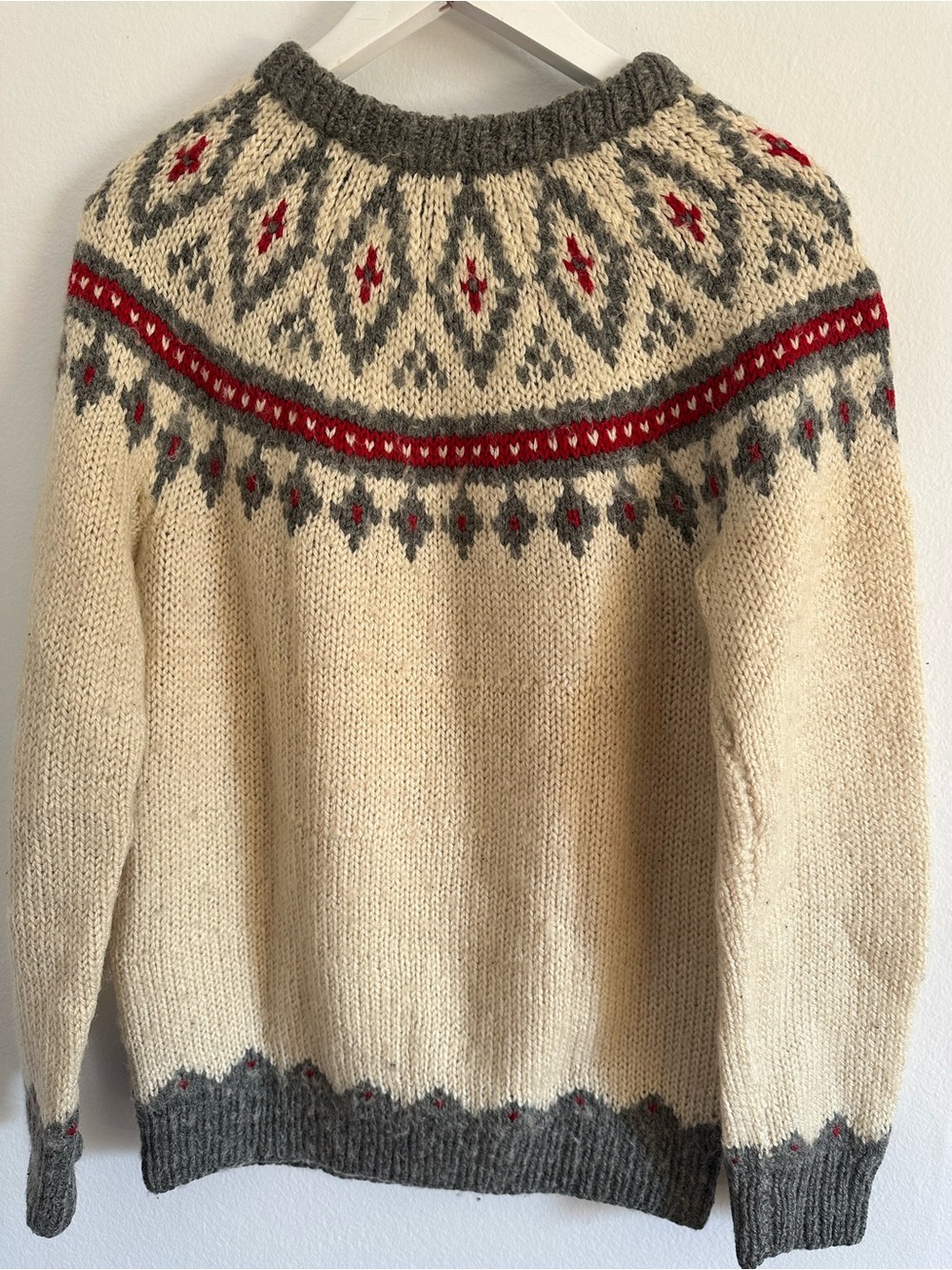Handmade Wool Fair Isle Nordic Sweater – Cream, Grey & Red - Picture 6 of 13